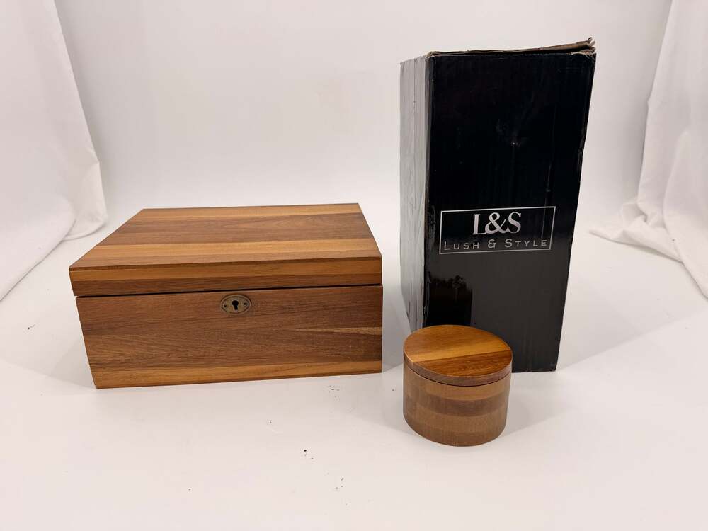 Lush & Style Wooden Keepsake Box Set Locking Chest & Round Trinket Box